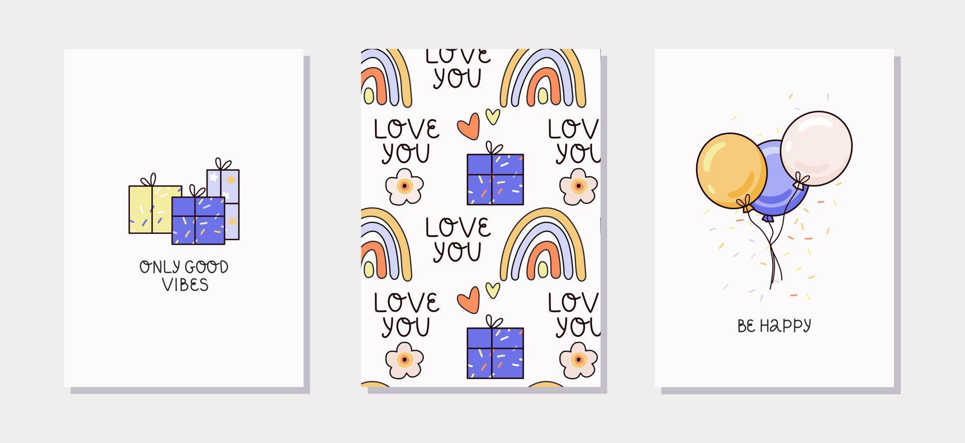 conjunto do cumprimento cartões. amor você frase. presentes, balões e arco-íris. vetor fundo. perfeito para cumprimento cartões, cartazes.