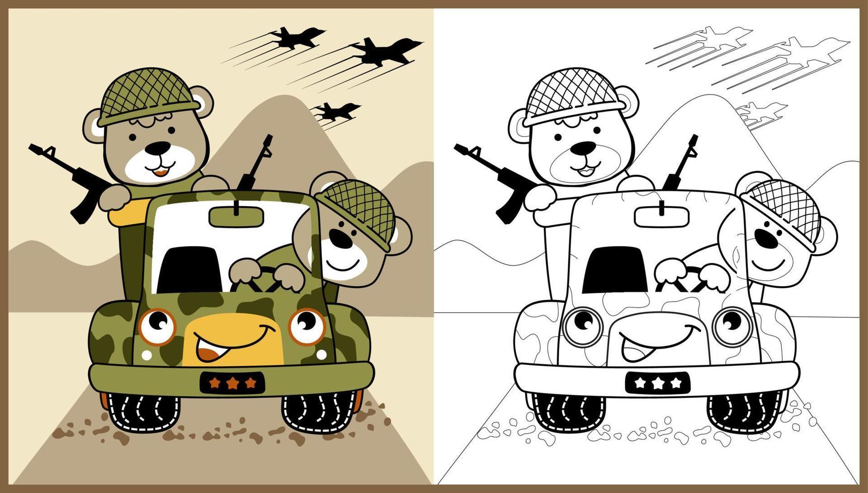 fofa Urso soldados em militares caminhão, vetor desenho animado ilustração, coloração livro ou página