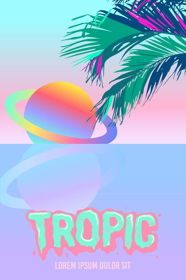 Saturno neon e folhas de palmeira. fundo surreal de praia tropical vetor