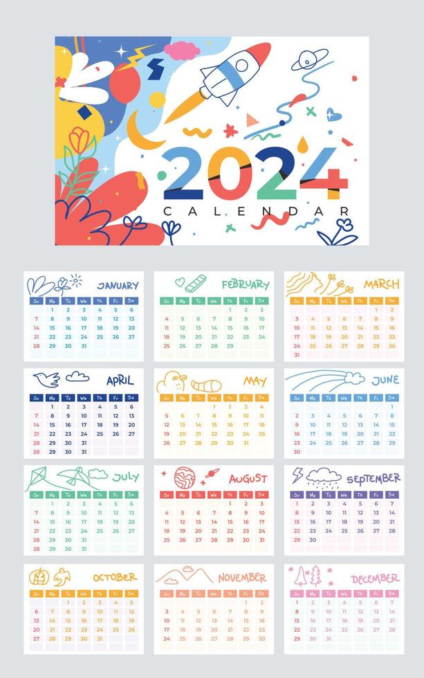 desenhado à mão colorida 2024 calendário. crianças desenhando estilo vetor