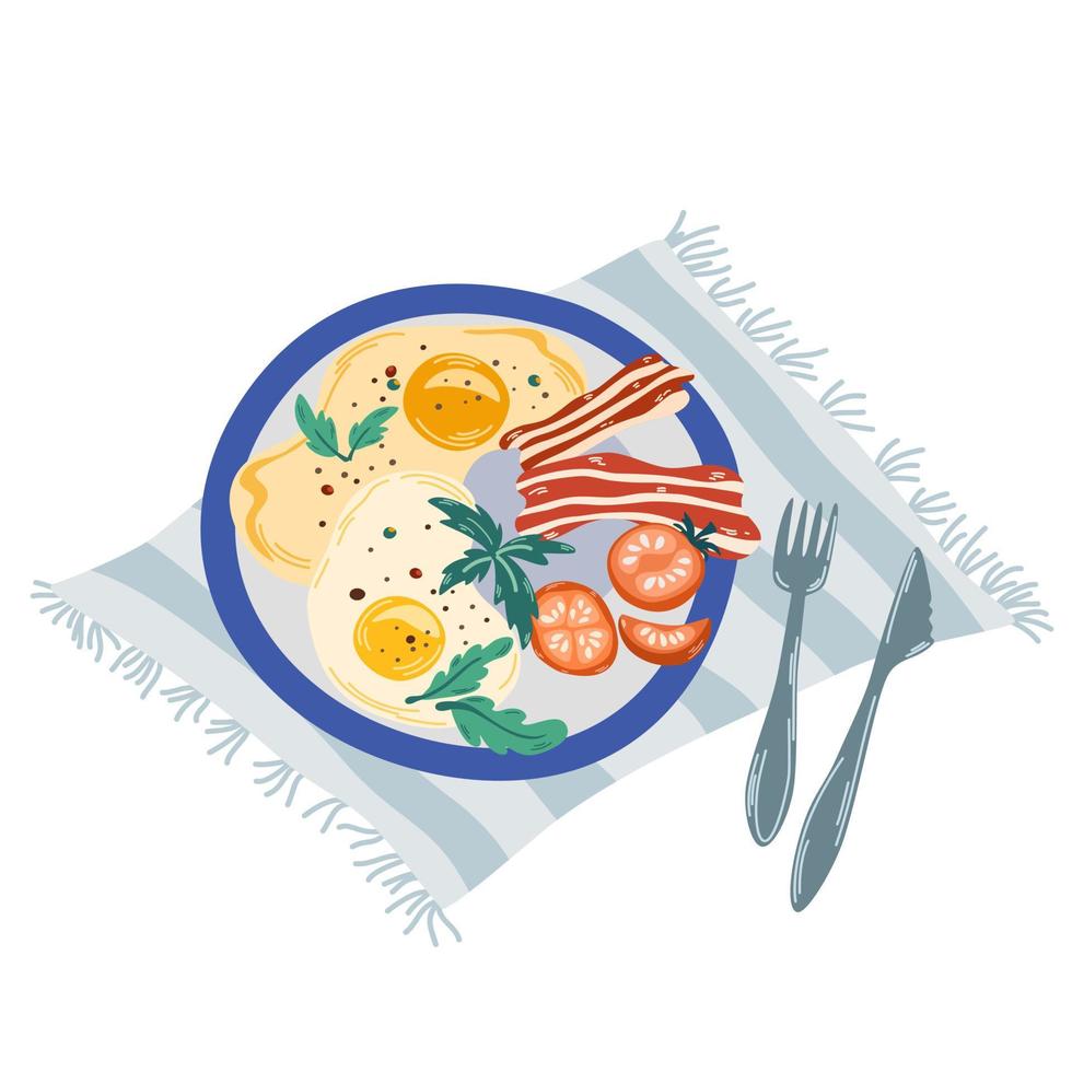 prato com mexidos ovos, bacon e legumes. saudável café da manhã. perfeito para restaurante menus, cafés e aplicativos. para impressão, cartazes e cartões postais. vetor desenho animado ilustração.