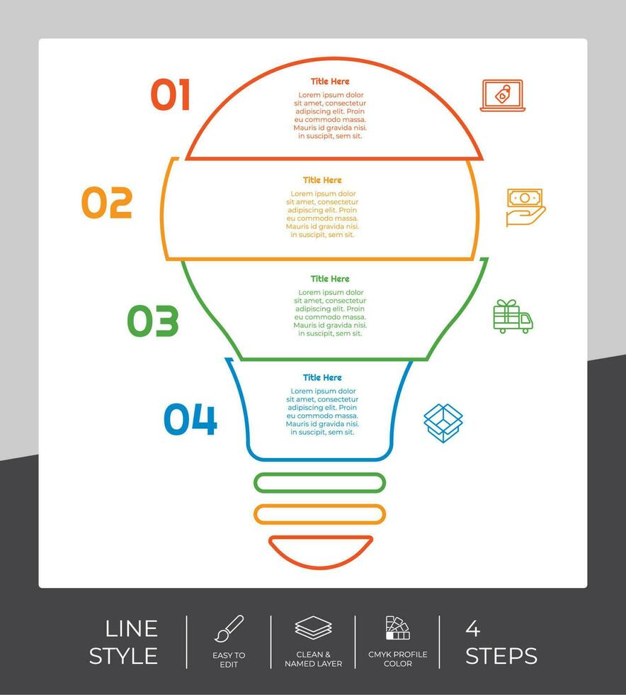 fluxo de trabalho lâmpada infográfico vetor Projeto com 4 passos e linha Projeto. degrau infográfico pode estar usava para apresentação, anual relatório, o negócio propósito.