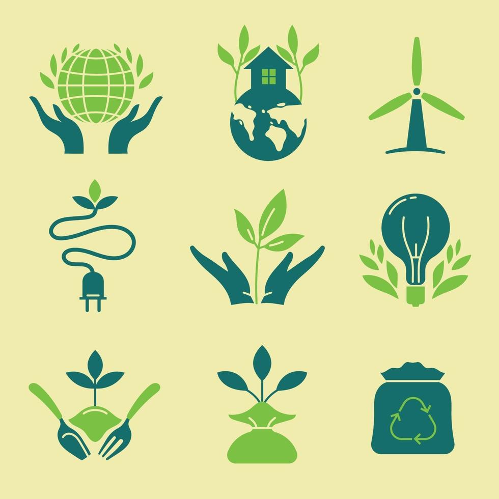 tecnologia verde e conjunto de ícones de conservação vetor