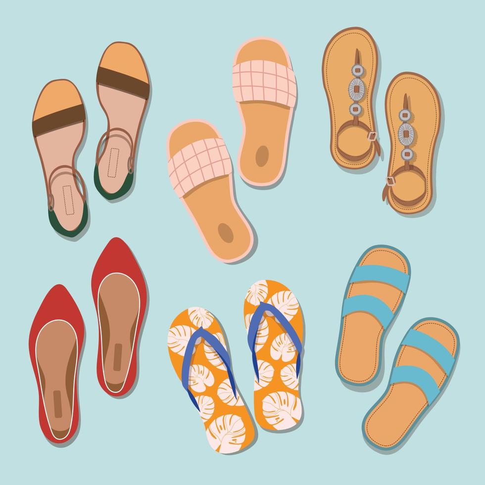 mulheres verão calçados. conjunto do vetor ilustrações. colorida coleção do verão sandálias Projeto elementos. Visão a partir de acima.