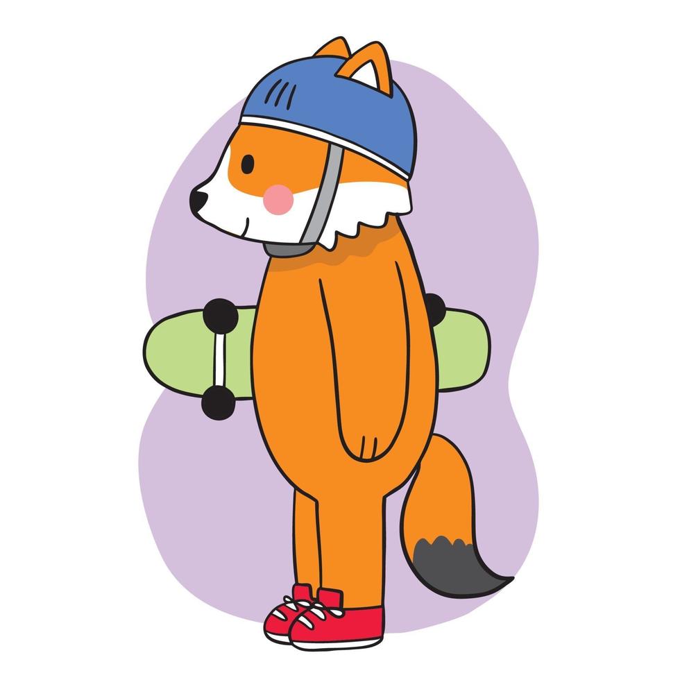 mão desenhar desenho animado raposa fofa brincando no skate vetor