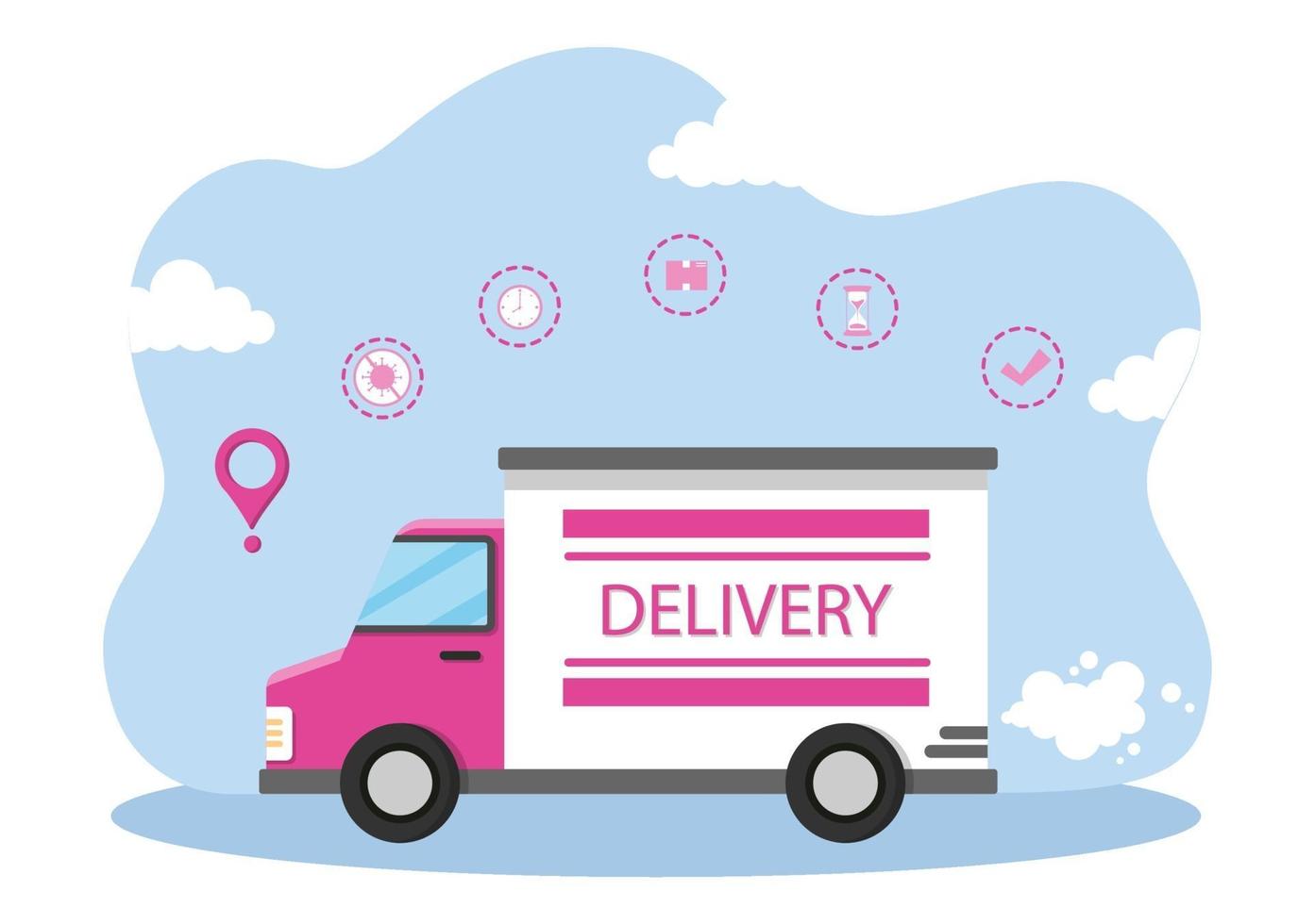 ilustração plana de entrega online para rastreamento de pedidos, serviço de correio, envio de mercadorias, logística urbana usando um caminhão ou motocicleta vetor