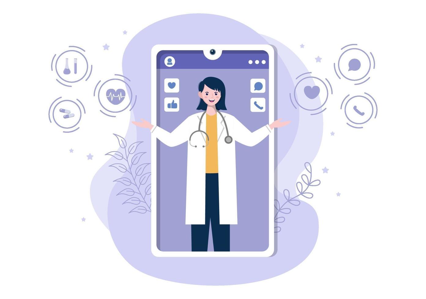 cuidados de saúde on-line e conceito médico de ilustração vetorial de médico, consulta de medicamento e tratamento por meio de aplicativo de smartphone ou clínica de internet conectada a computador vetor