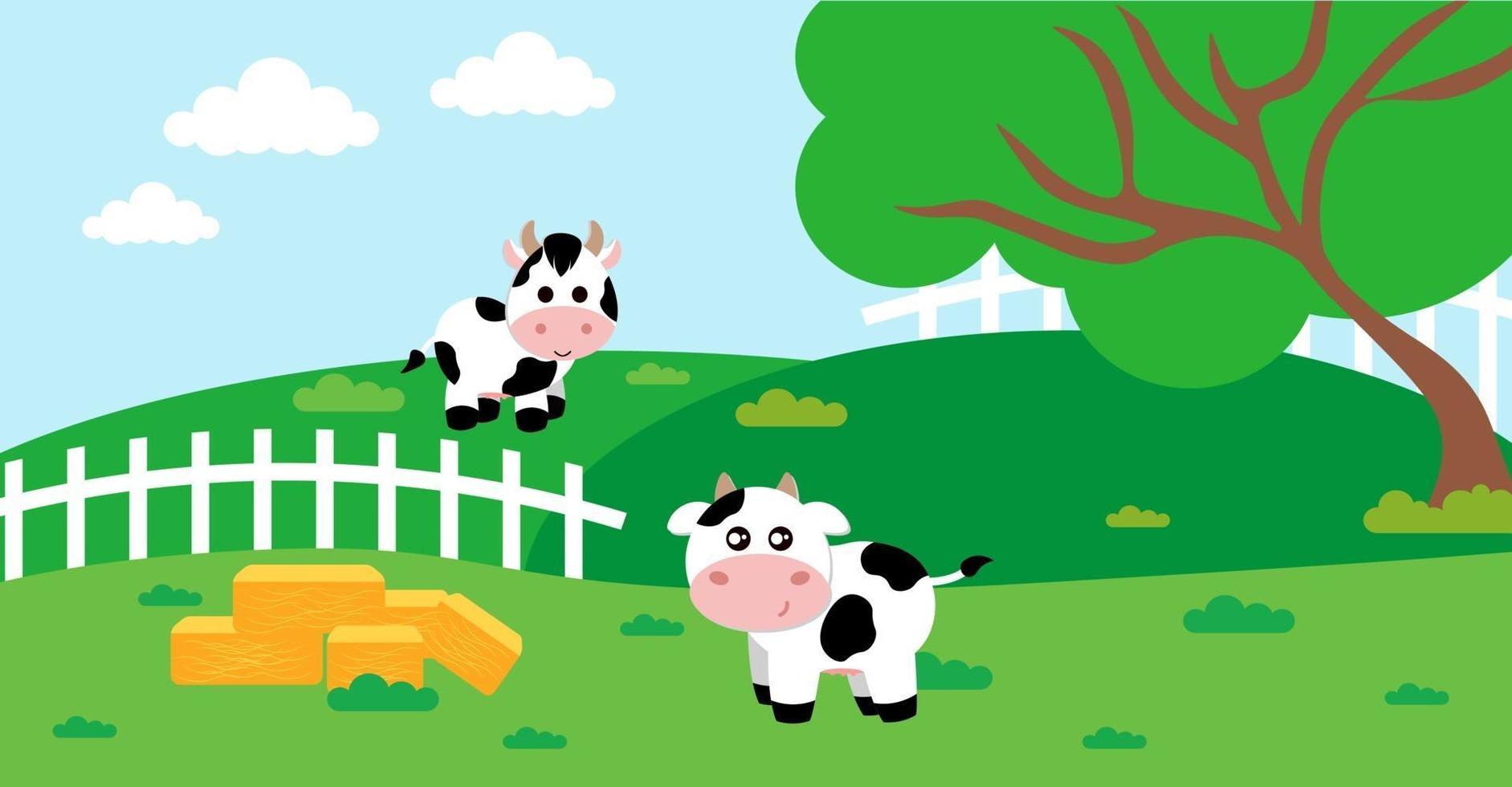 ilustração em vetor bonito dos desenhos animados de vaca e prado rural