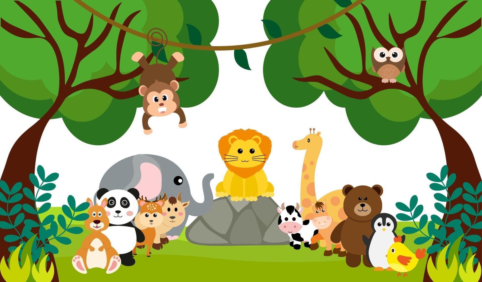 animais fofos da selva de vetor em estilo cartoon, animal selvagem, designs de zoológico para plano de fundo, roupas de bebê. personagens desenhados à mão
