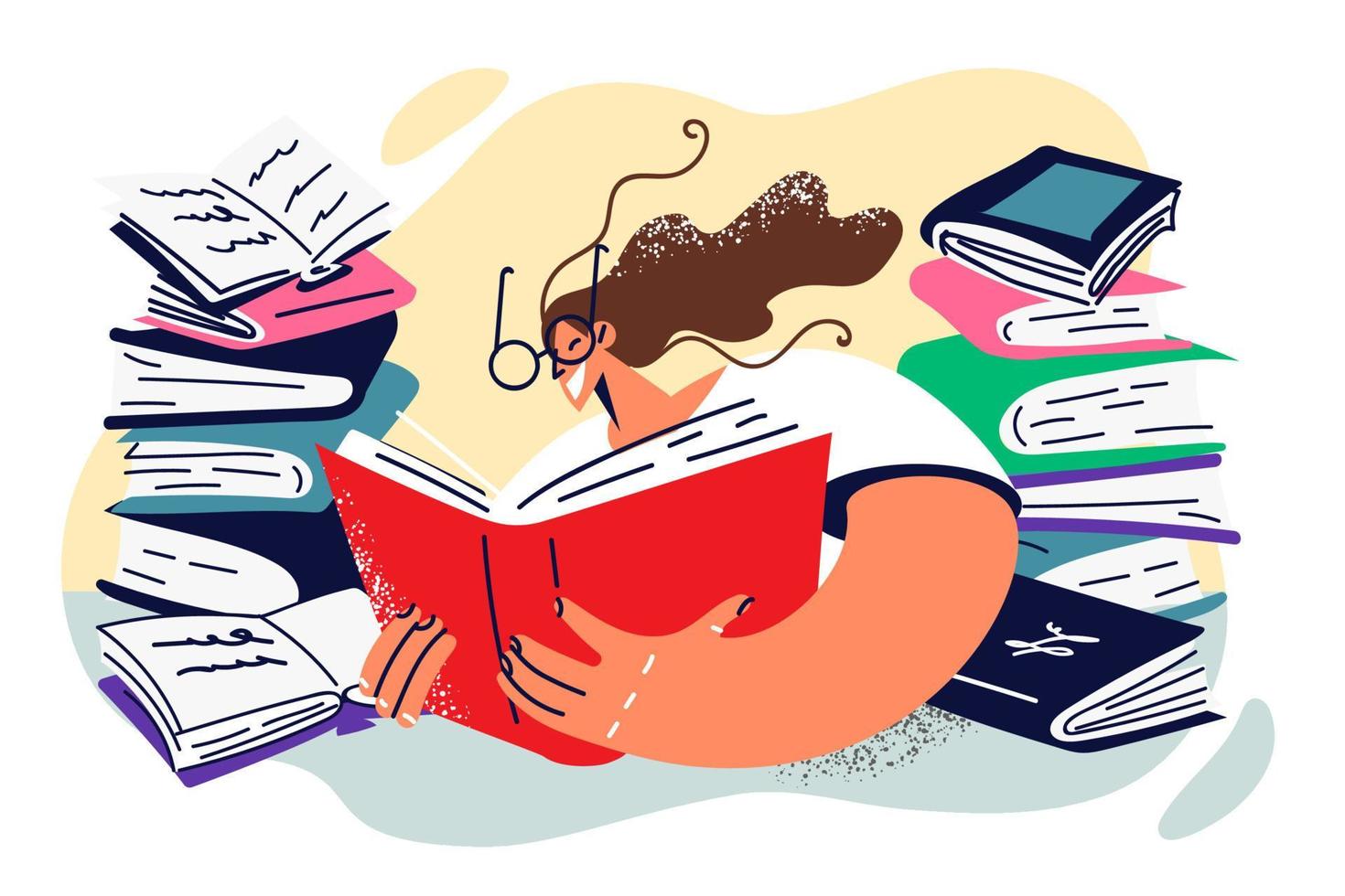 mulher leitor ávido sentado entre livros didáticos desfrutando lendo romances ou preparando para difícil exames. leitor ávido menina é acionado dentro auto-educação de estudando profissional literatura para ganho Novo Habilidades vetor