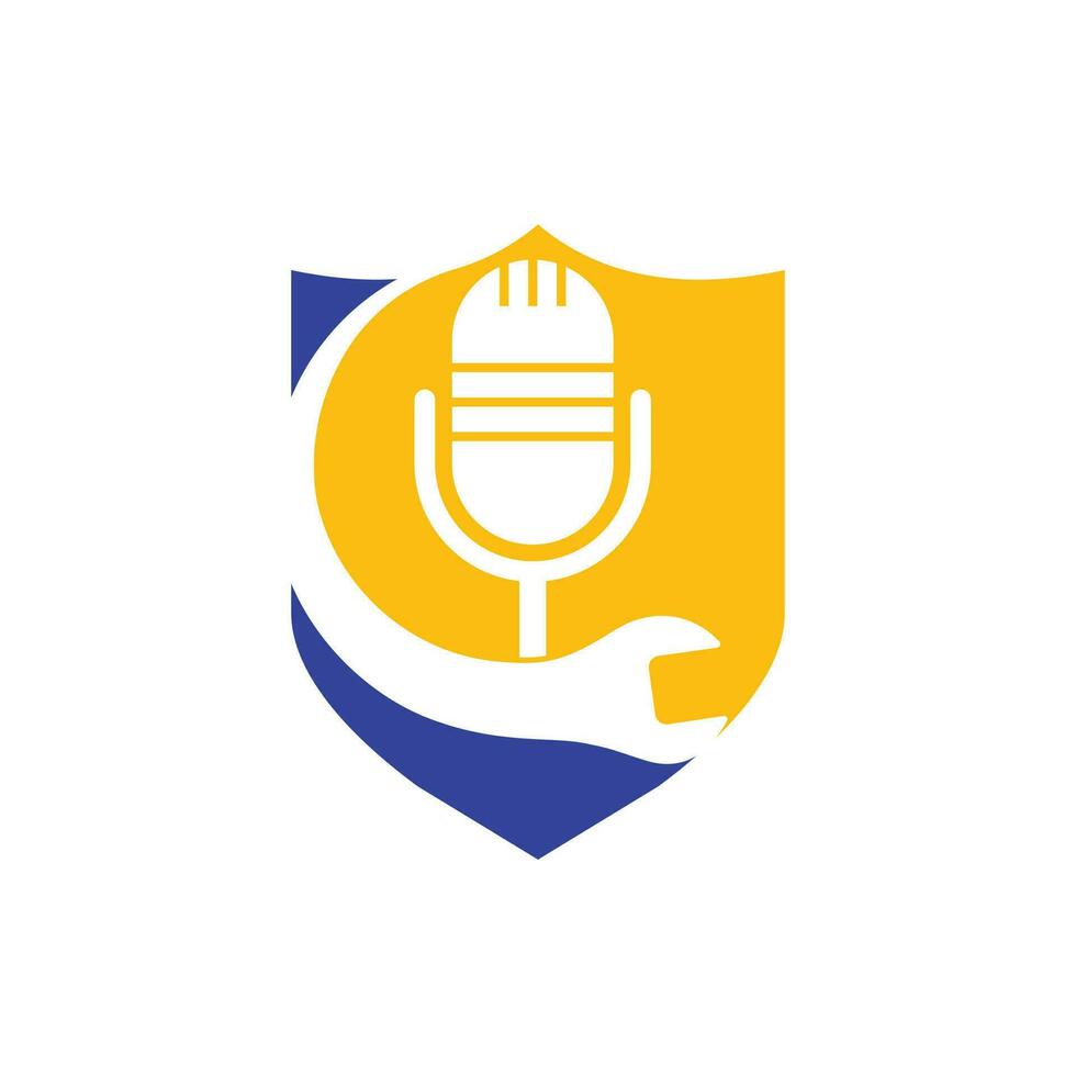 reparar o design do logotipo de vetor de podcast. design de ícone de chave e microfone.