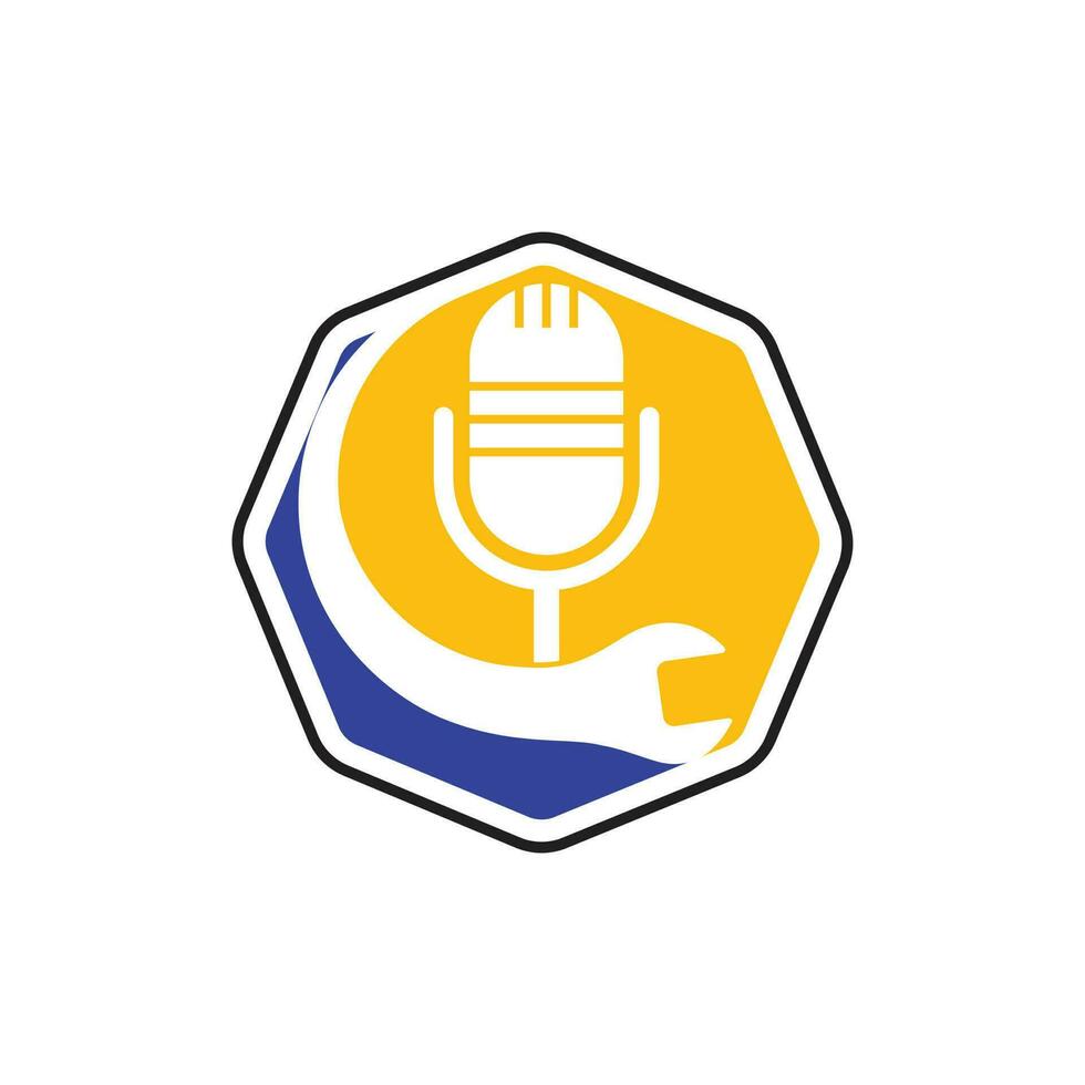 reparar o design do logotipo de vetor de podcast. design de ícone de chave e microfone.