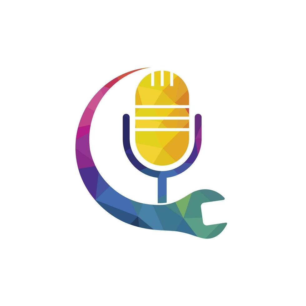 reparar o design do logotipo de vetor de podcast. design de ícone de chave e microfone.