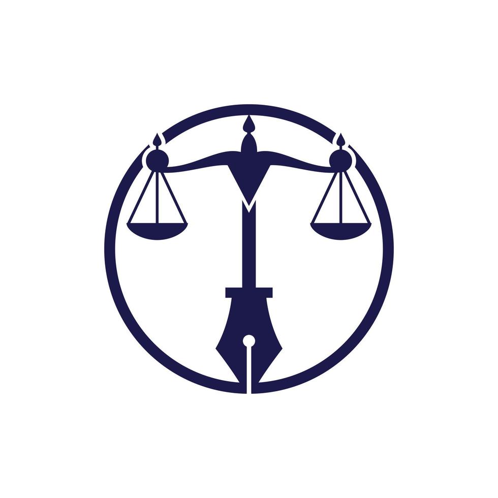 vetor de logotipo de lei com equilíbrio judicial simbólico da escala de justiça em uma ponta de caneta. vetor de logotipo para direito, tribunal, serviços de justiça e empresas.