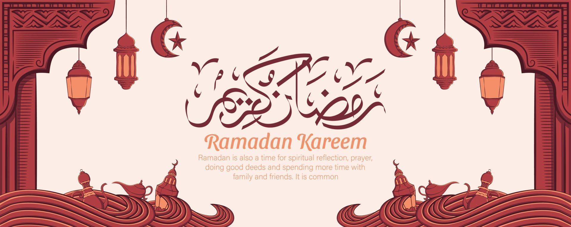 Ramadan Kareem banner com mão desenhada ornamento de ilustração islâmica em fundo branco. vetor