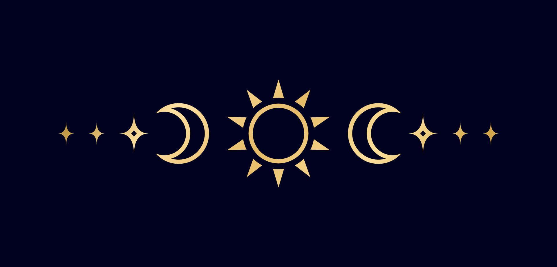 ouro celestial texto divisor com sol, estrelas, lua fases, crescentes. ornamentado boho místico separador decorativo elemento vetor