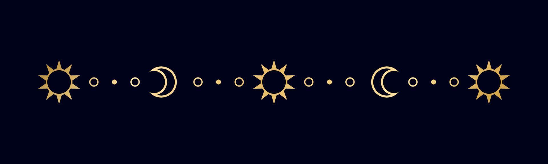ouro celestial separador com sol, estrelas, lua fases, crescentes. ornamentado boho místico divisor decorativo elemento vetor