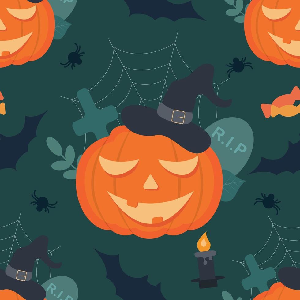 padrão sem emenda de vetor sobre o tema de halloween. ilustração plana com abóboras em um chapéu, velas, doces, teias de aranha, morcegos em um fundo verde escuro