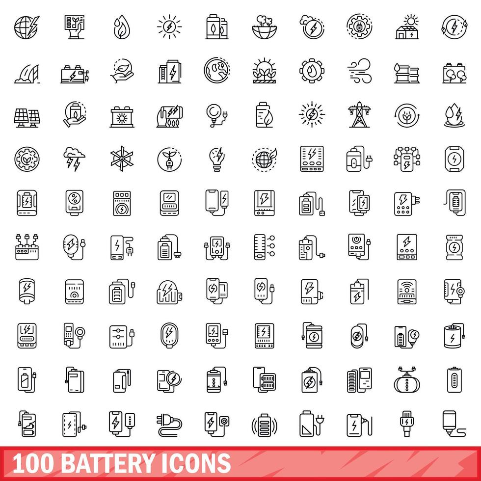 100 bateria ícones definir, esboço estilo vetor