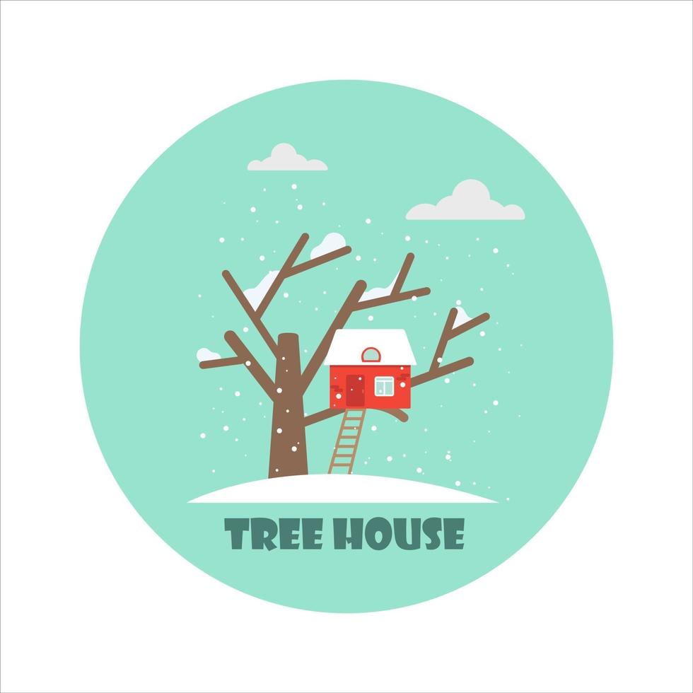casa na árvore no inverno, ilustração em vetor plana, ícone em um círculo. flocos de neve do céu
