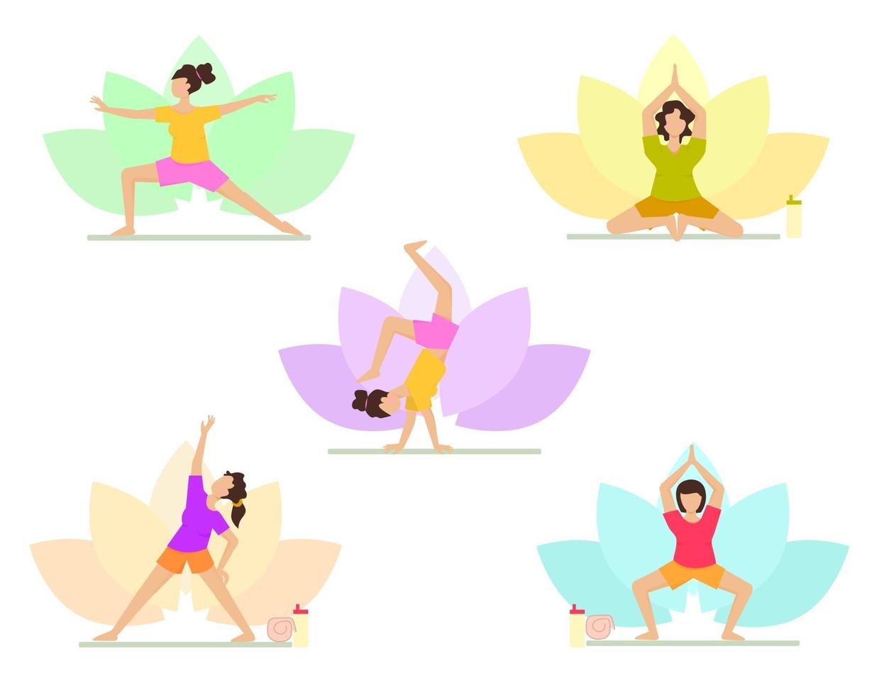 um conjunto de mulheres mostrando poses de ioga asanas vetor
