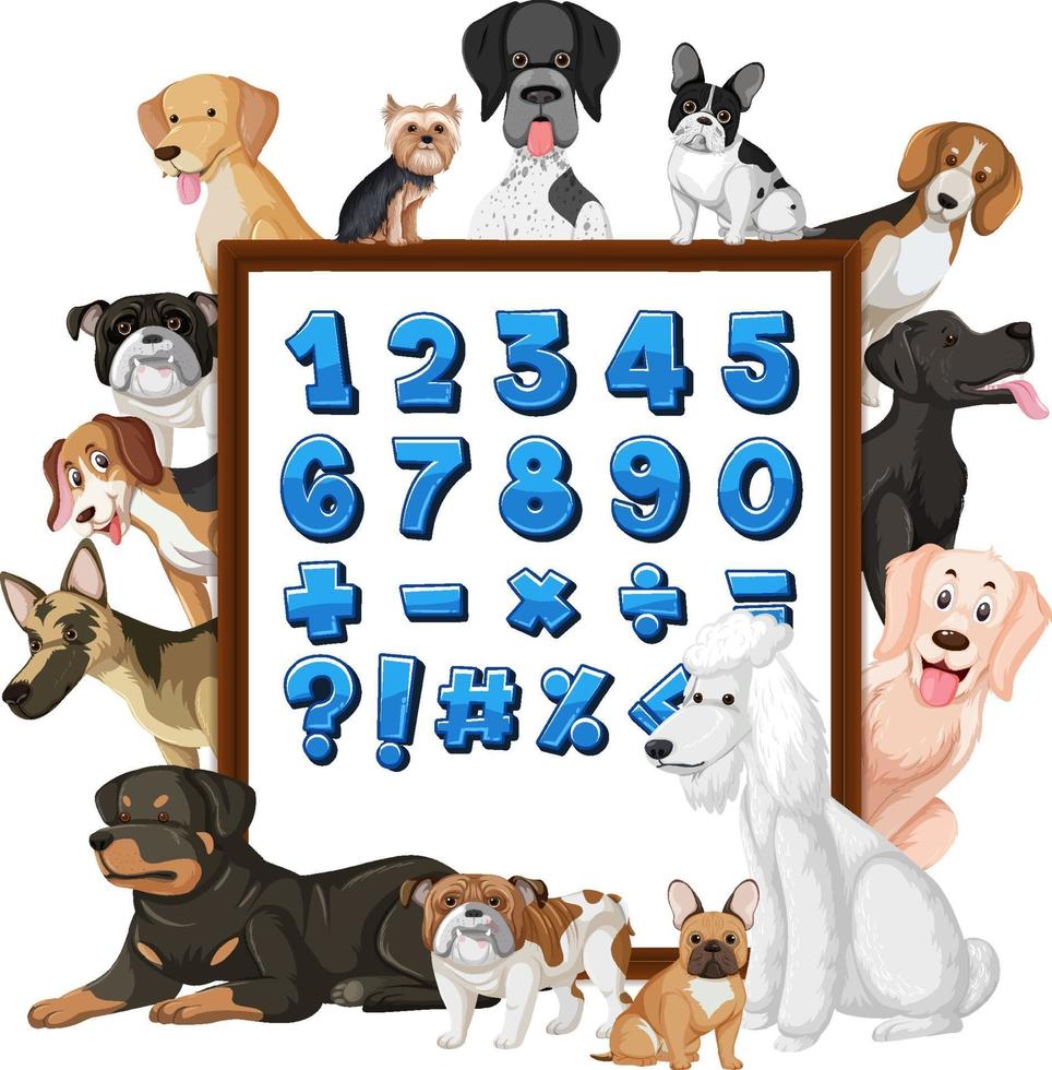 número 1-10 e símbolos matemáticos em um tabuleiro com muitos tipos diferentes de cães vetor