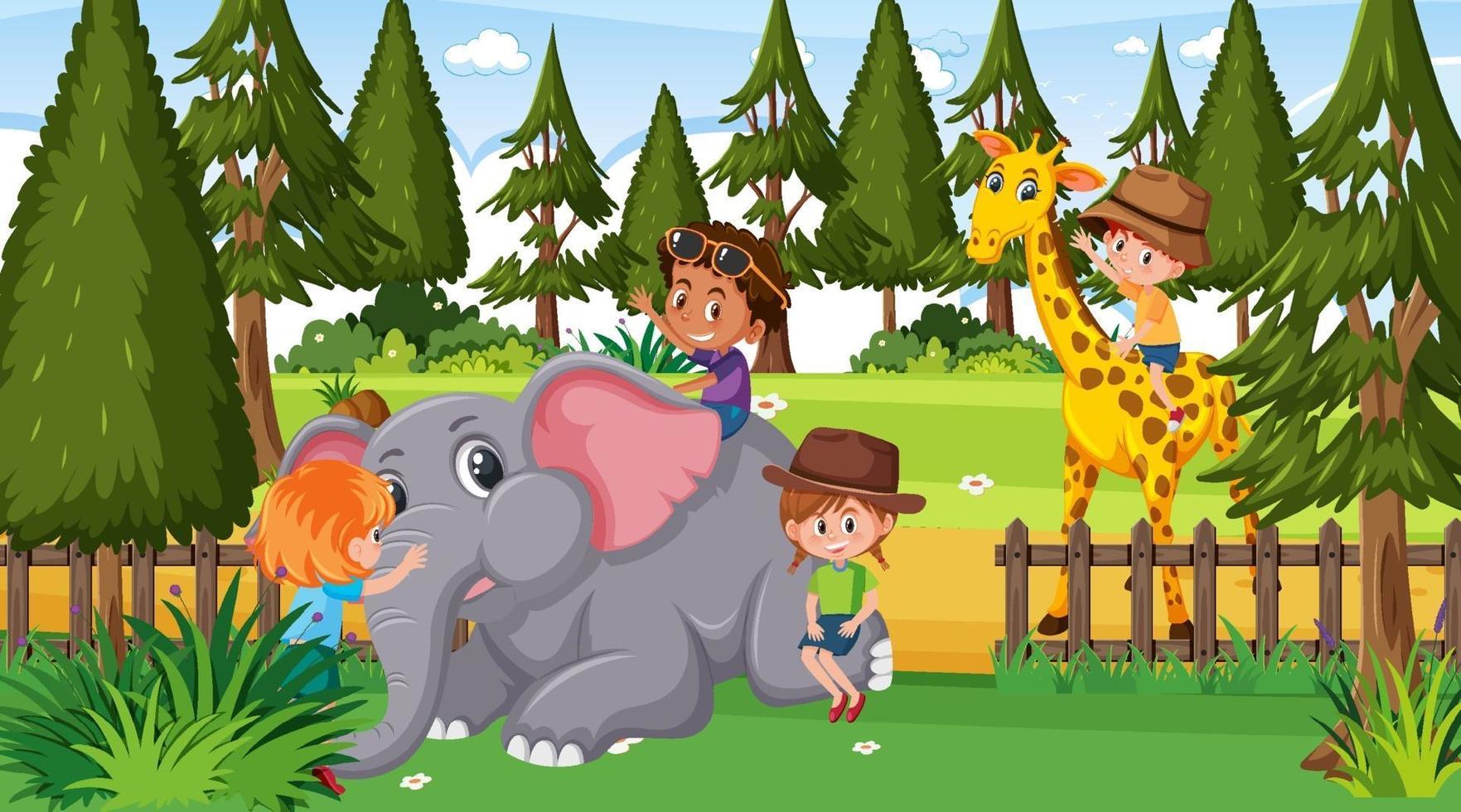 cena do zoológico com muitas crianças brincando com animais do zoológico vetor