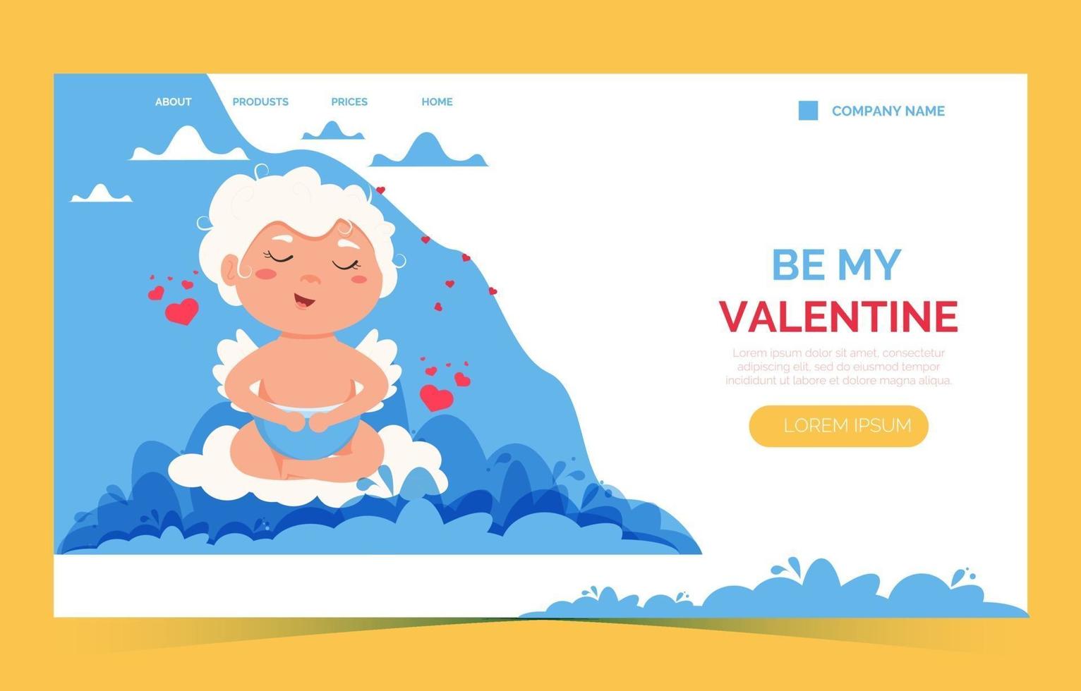 Valentine Cupid love angel landing page. menino bonito ou cupido de menina. anjo voador vetor