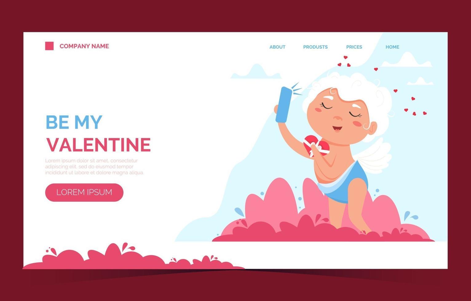 Valentine Cupid love angel landing page. menino bonito ou cupido de menina. anjo voador vetor