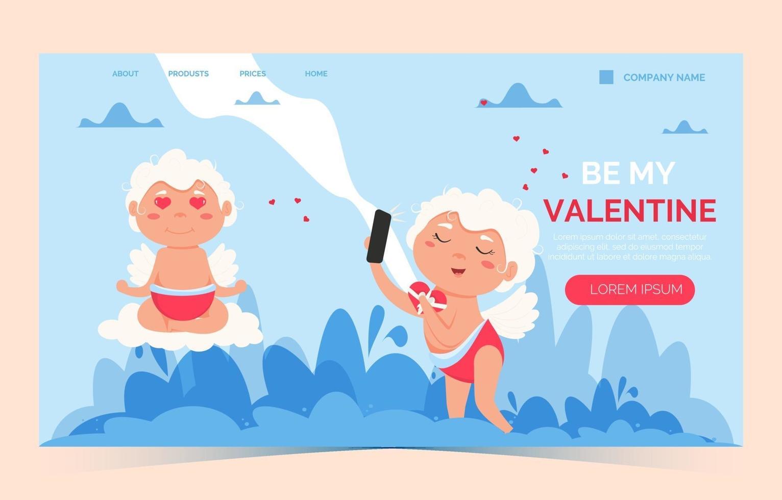 Valentine Cupid love angel landing page. menino bonito ou cupido de menina. anjo voador vetor