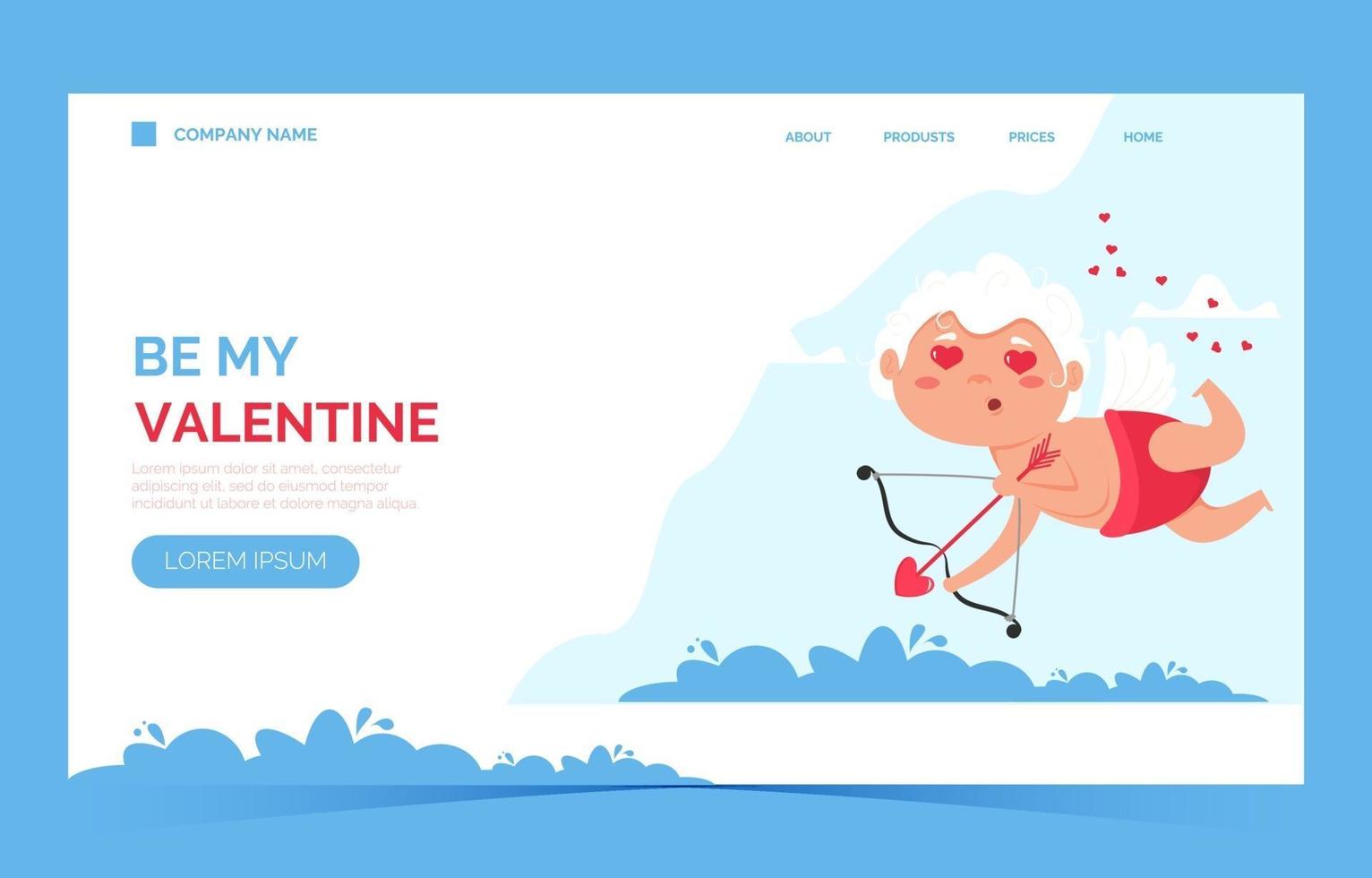 Valentine Cupid love angel landing page. menino bonito ou cupido de menina. anjo voador vetor