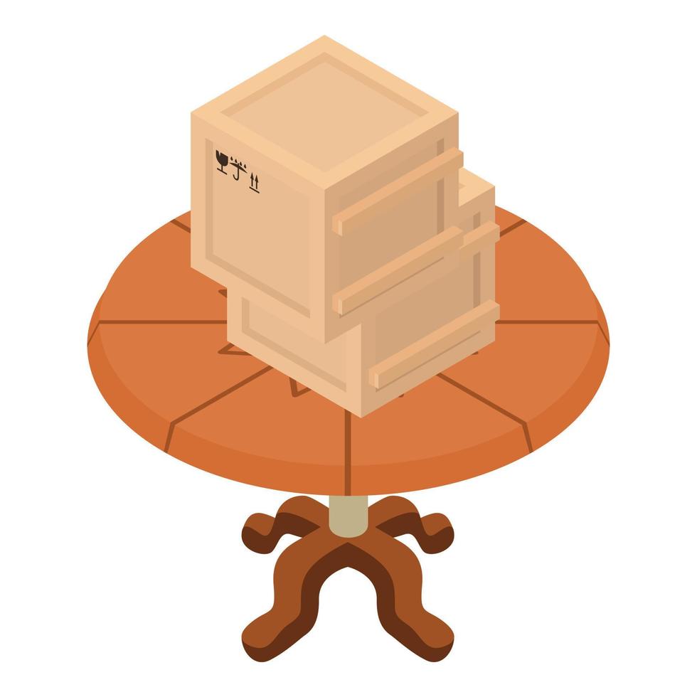 Novo mobília ícone isométrico vetor. dois fechadas parcela caixa em volta de madeira mesa vetor