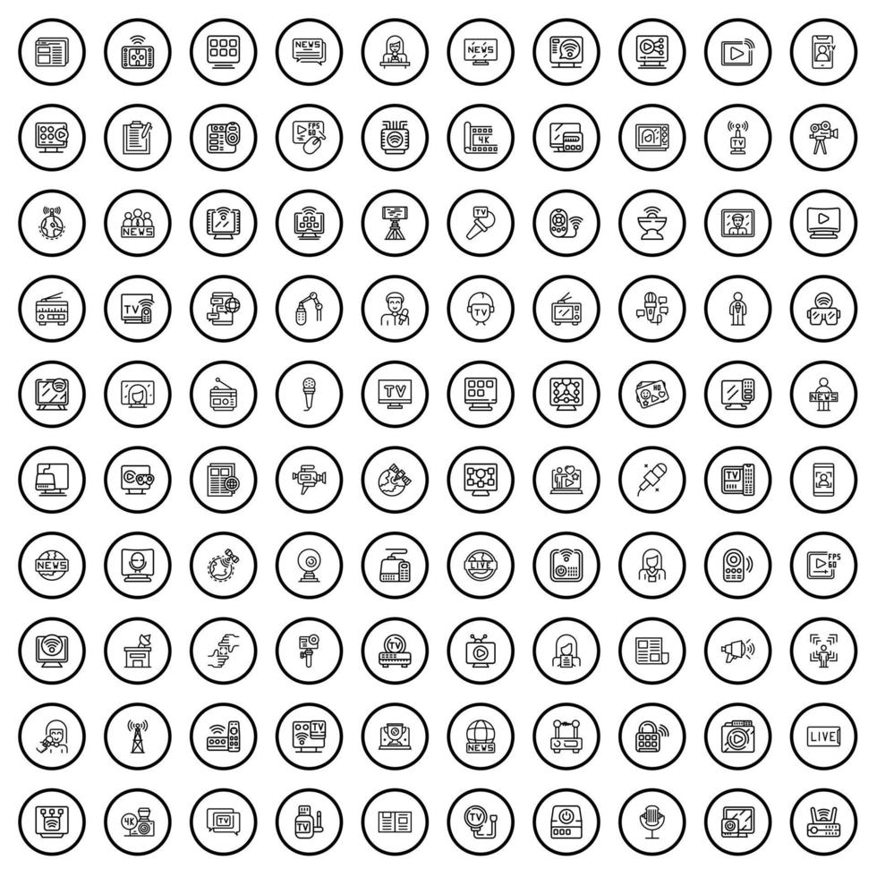 conjunto de 100 ícones de tv, estilo de estrutura de tópicos vetor