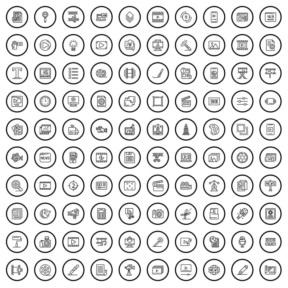 Conjunto de 100 ícones de mídia de massa, estilo de estrutura de tópicos vetor