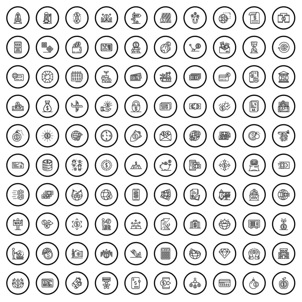 conjunto de 100 ícones de dinheiro, estilo de estrutura de tópicos vetor