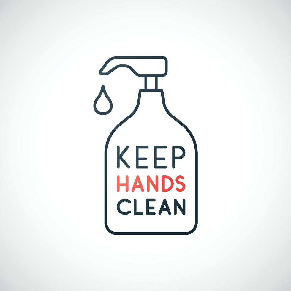 mantenha seu ícone de linha de mãos limpas. use desinfetante para as mãos. conceito preventivo de coronavírus. frasco de desinfetante isolado no fundo branco. vetor