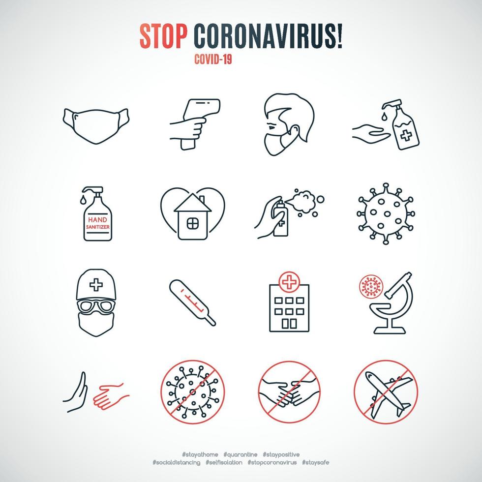 conjunto de ícones de proteção covid-19. coleção de ícones de linha simples de conscientização de coronavírus. vetor