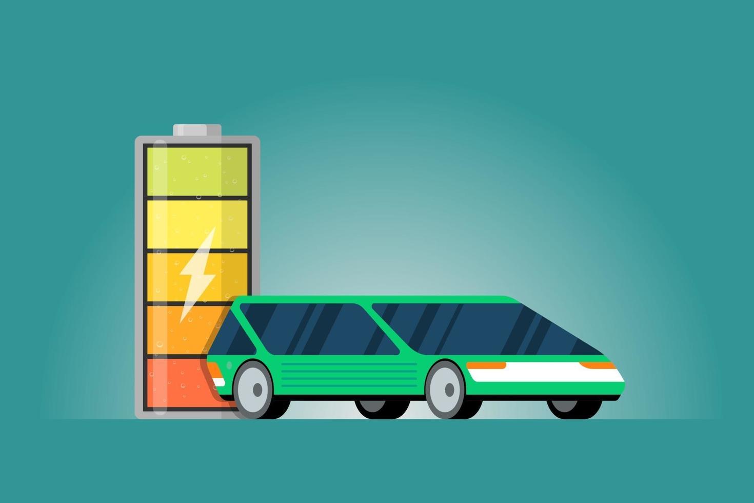 indicador de energia carregada de bateria de alta potência elétrica com ícone de relâmpago e carro elétrico verde. tecnologia de e-veículo moderna e conceito de tecnologia de transporte ecológico. vetor