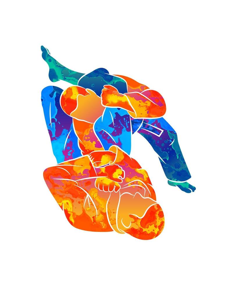 jovens atléticos abstratos praticando artes marciais jiu-jitsu brasileiro com respingos de aquarelas. treina em um quimono tradicional. apoio de braço giratório bjj, gatame juji. ilustração vetorial de tintas vetor