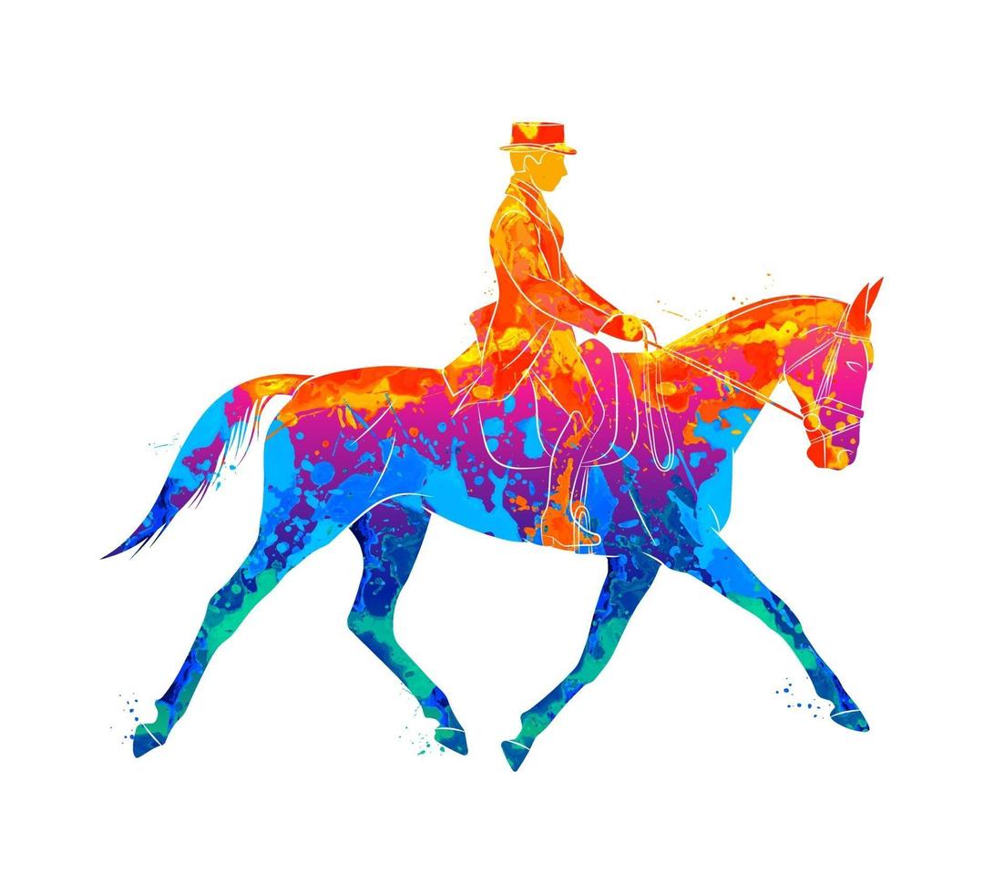 esporte equestre abstrato de respingos de aquarelas. jóquei em uniforme a cavalo. adestramento em um fundo branco. ilustração vetorial de tintas vetor