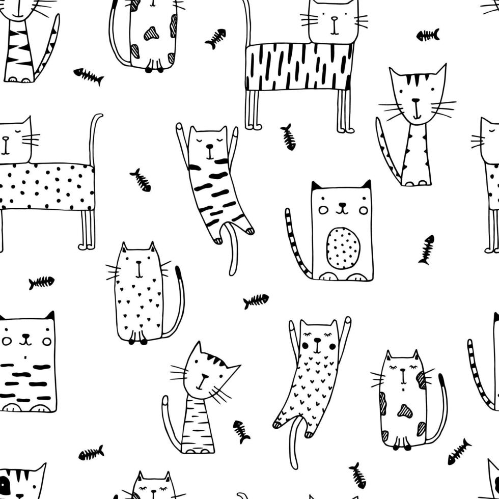 doodle gatos engraçados sem costura com peixes. vetor