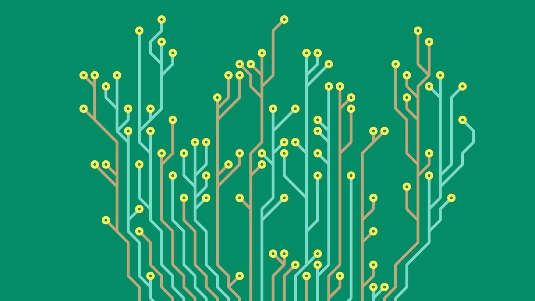 fundo verde com circuito primário de duas cores, chip em forma de árvore, tecnologia amiga do ambiente. vetor