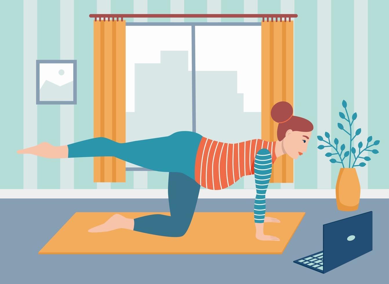 mulher grávida faz ioga em casa online. o conceito de atividades cotidianas e da vida diária. esportes online e ioga, quarentena. ilustração em vetor plana dos desenhos animados.