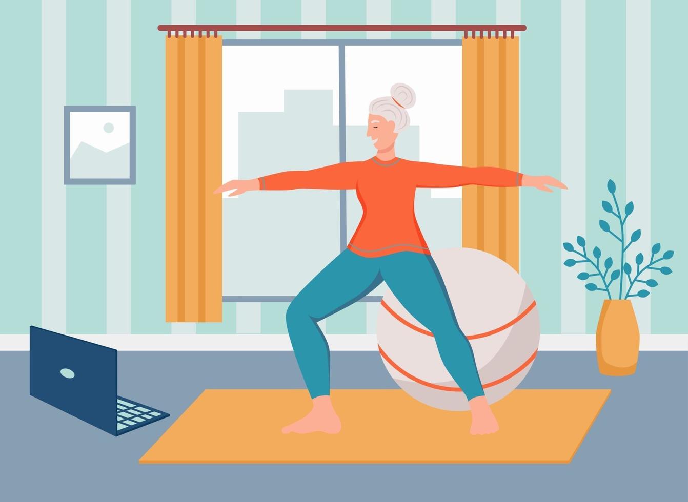 uma mulher idosa faz ioga em casa. o conceito de velhice ativa, esportes e  ioga. dia do idoso. ilustração em vetor plana dos desenhos animados.  2142379 Vetor no Vecteezy