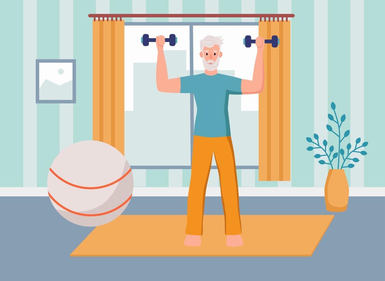 um homem idoso pratica esportes em casa .. o conceito de velhice ativa, esportes e ioga. dia do idoso. ilustração em vetor plana dos desenhos animados.