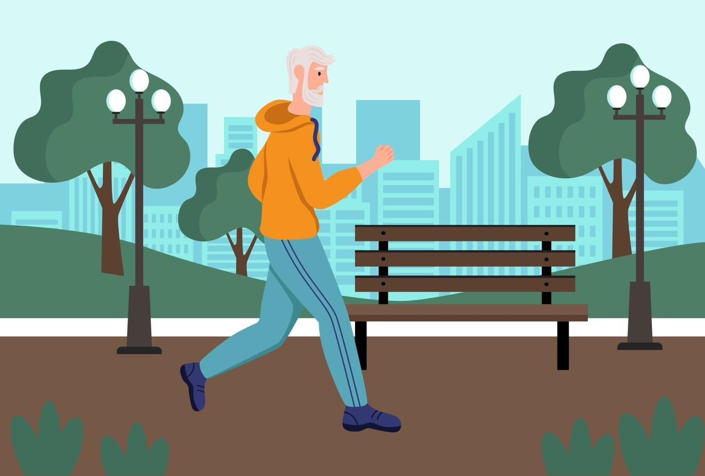 um homem idoso corre no parque. o conceito de velhice ativa, esportes e corrida. dia do idoso. ilustração em vetor plana dos desenhos animados.