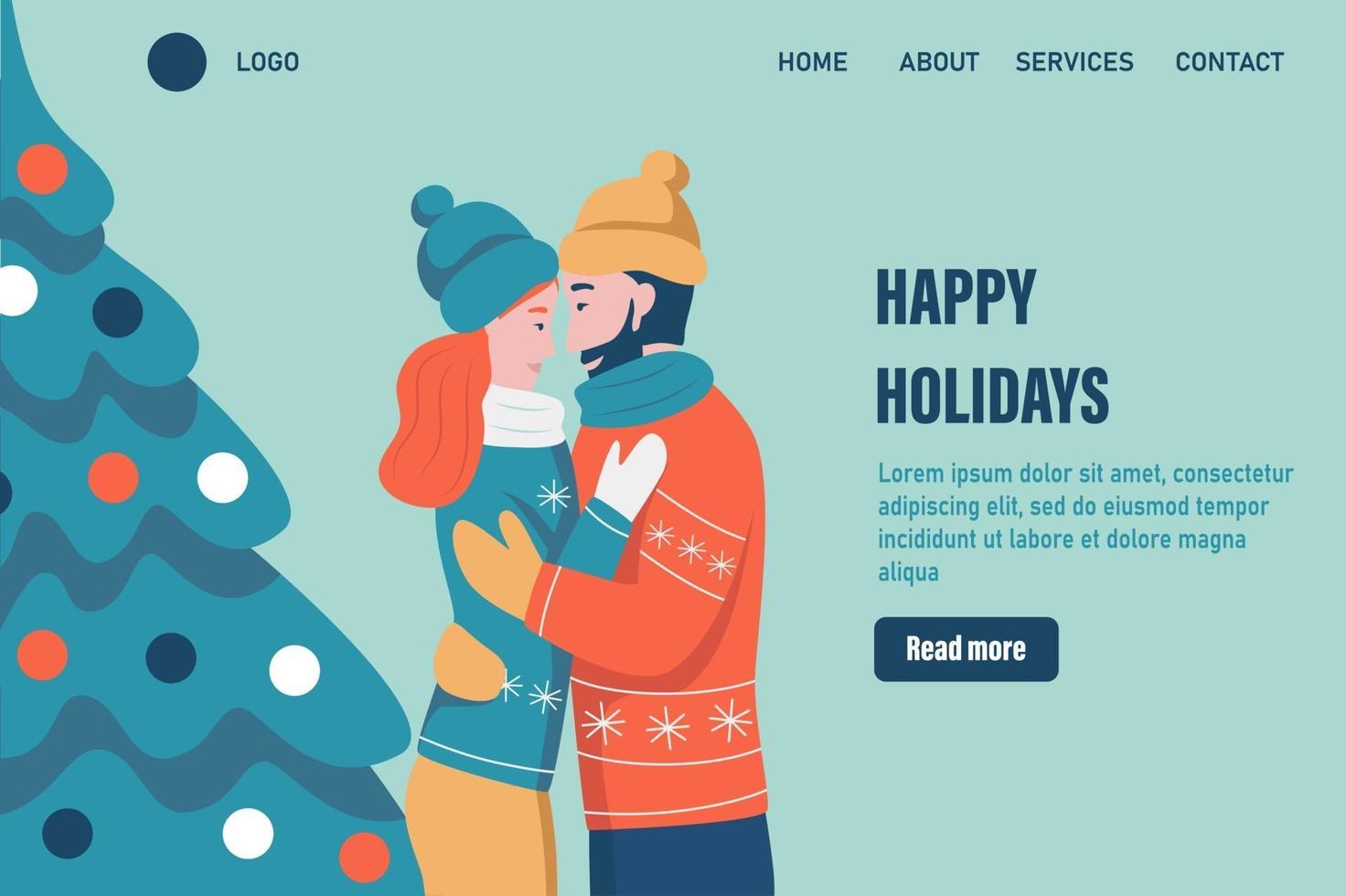 modelo de vetor de página de destino de férias de Natal feliz. casal apaixonado abraços perto da árvore de Natal e comemora o Natal. comemorar o banner da web de evento de inverno tradicional. ilustração vetorial plana