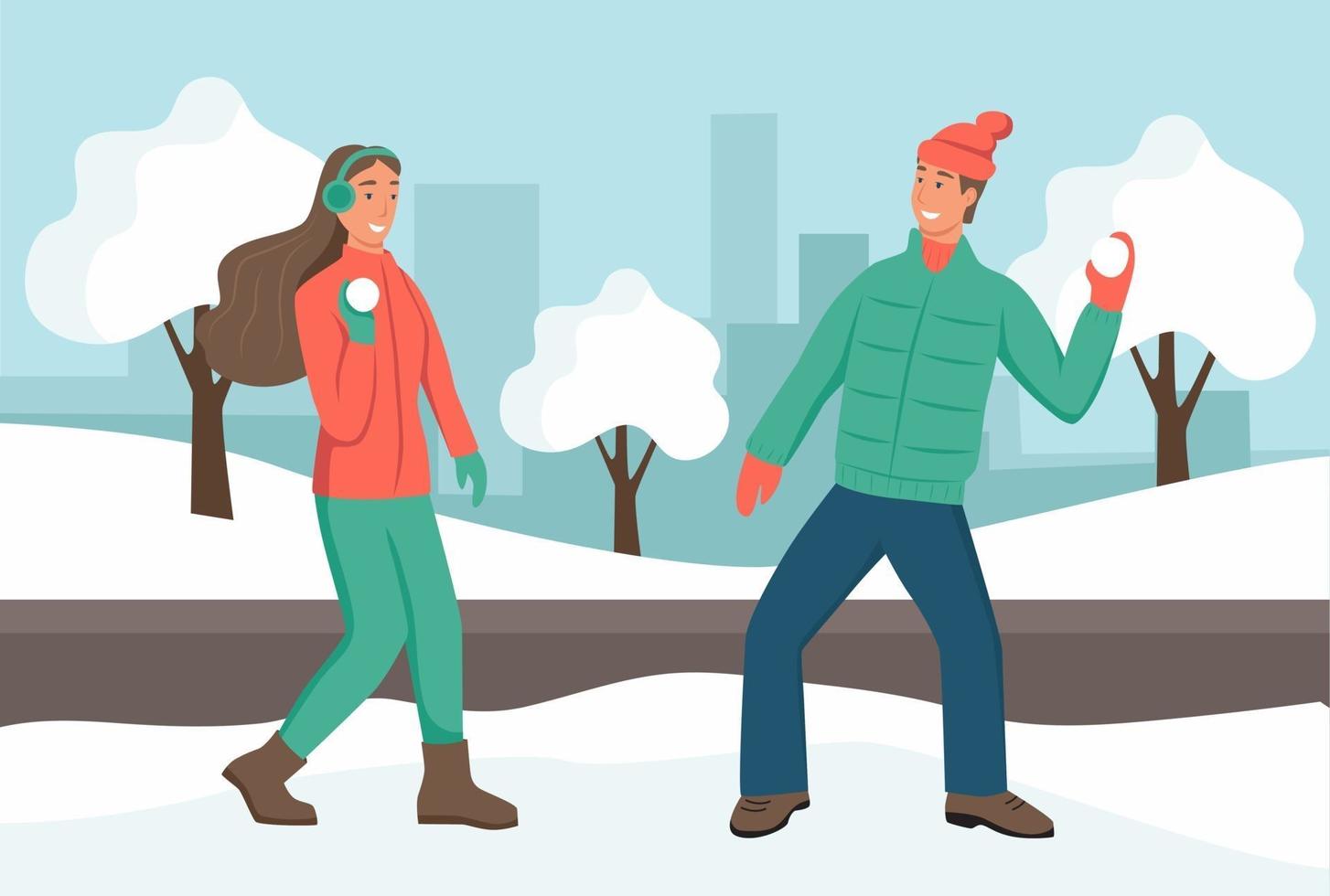 diversão de inverno. um casal de jovens jogando bolas de neve em um parque de inverno. data, fim de semana, férias. ilustração vetorial plana vetor