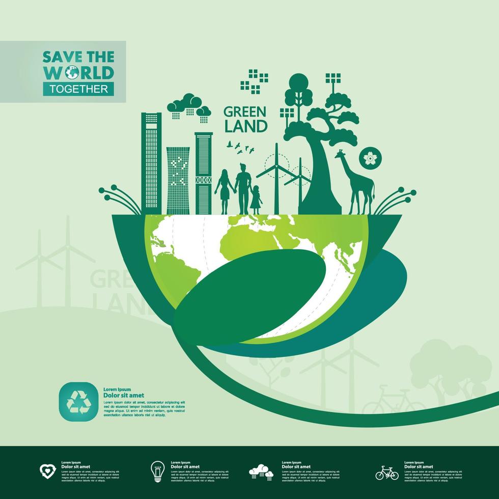 Salve  a mundo juntos verde ecologia vetor ilustração.