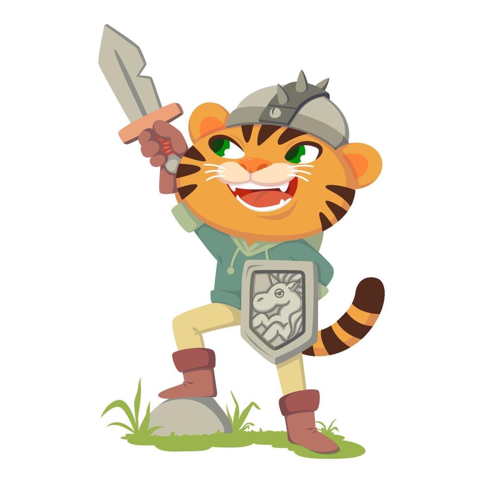 gatinho no personagem de conto de fadas de botas. tigre com espada, escudo e capacete. gato com roupa de guerreiro medieval, cavaleiro. ilustração vetorial isolada no fundo branco. vetor